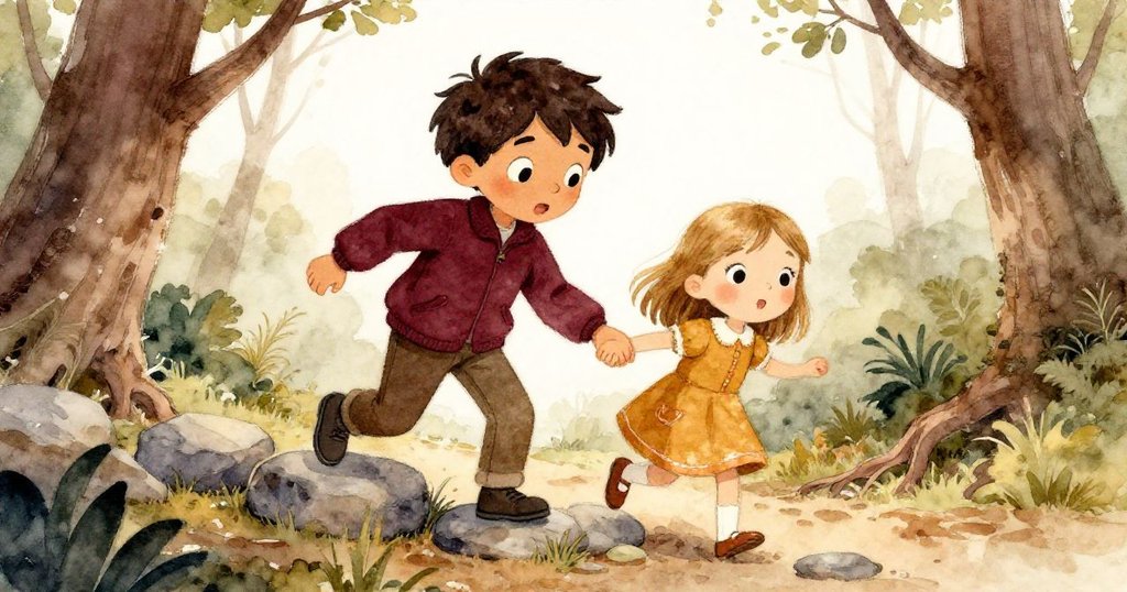 Leo與Mia手牽手穿越石徑，繞過樹根和滾動小石，眼中流露出信任與決心，呈現選擇正確道路的瞬間。