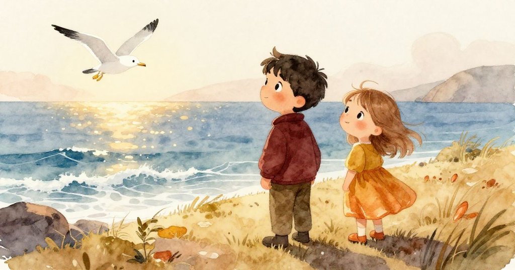 Leo與Mia在寧靜山頂欣賞閃爍海洋與輕柔波浪，海鷗優雅盤旋，滿面幸福展現完美結局，表現故事安然落幕。