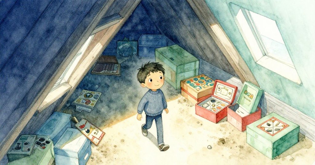 米洛在閣樓中探險,從上方視角看見陽光灑落、舊遊戲盒與塵封箱子,充滿好奇與期待。
