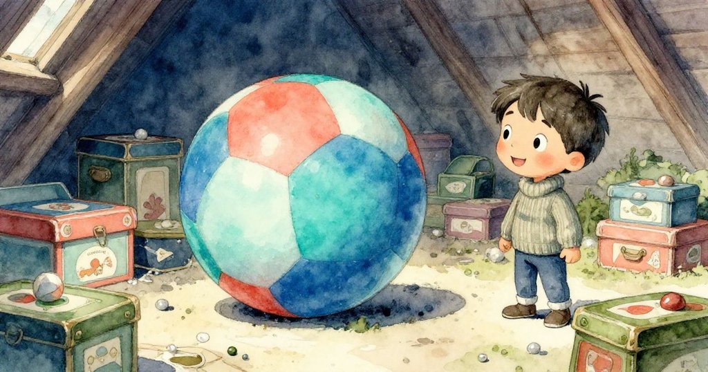 米洛靠近閣樓中明亮的橡膠球,細看球旁擺放的老遊戲盒,流露出充滿期待與好奇的神情。