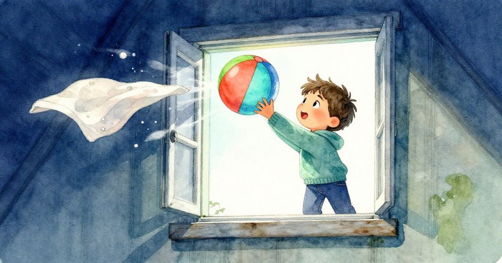 米洛在閣樓窗邊認真擦拭橡膠球,風起時布飛舞,展現了既專注又驚訝的情感瞬間。