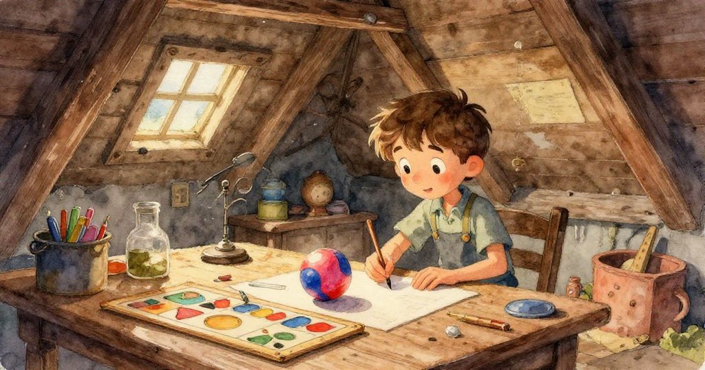 橡膠球在閣樓中彈跳,推翻畫框與撞開錫盒,彩色彈珠在地毯上滾動,展現出驚喜與趣味的場面。