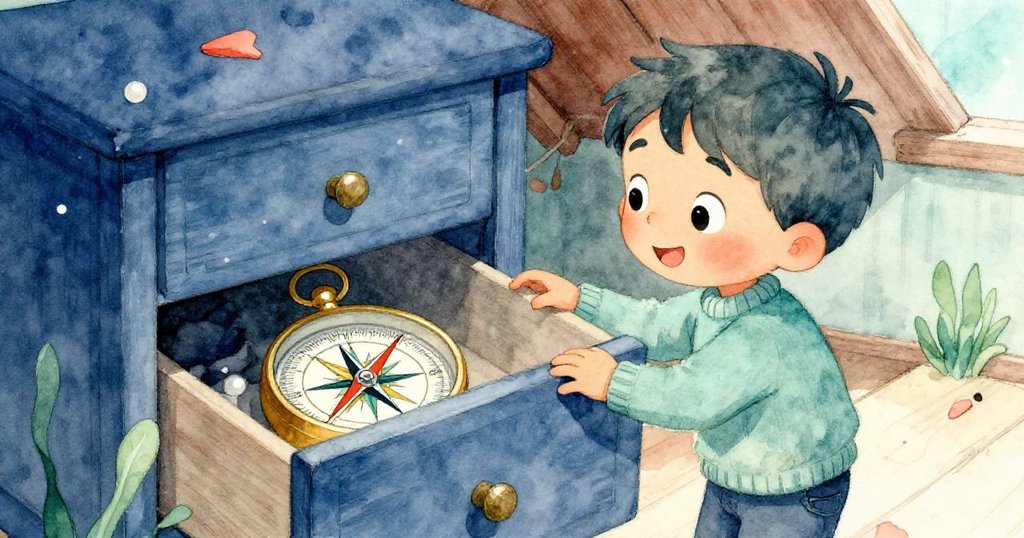 米洛驚喜發現隱藏抽屜中轉動的小羅盤,一顆彈珠滑入木板,臉上流露出驚奇與期待的情感。