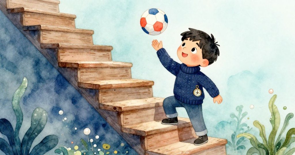 米洛滿懷冒險精神關上閣樓門,下樓時攜帶彈跳球與羅盤,流露期待與堅定的情感。