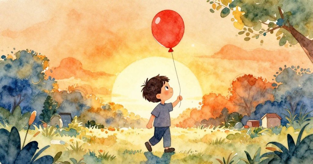 天朗氣清的早晨,提姆手拿紅氣球走進草地,他的剪影在金色陽光下充滿期待與快樂。