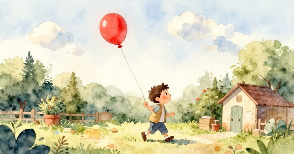 細緻描繪氣球落在隱密鳥巢上,小鳥輕啄氣球,場景神秘而溫馨展現自然秘密。