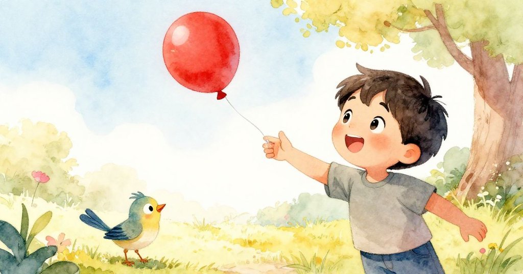 提姆快樂伸展雙臂迎接跳躍的氣球,小鳥陪伴其間,慶祝這奇妙重逢時刻。