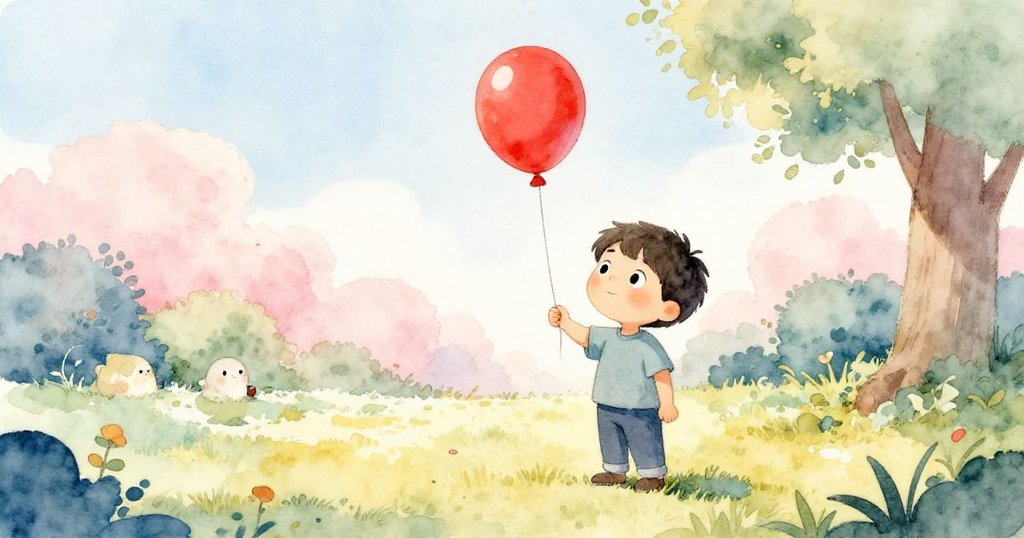 寧靜庭院中提姆重新握住柔軟紅氣球,溫暖氛圍中表現出童年的純真與滿足。