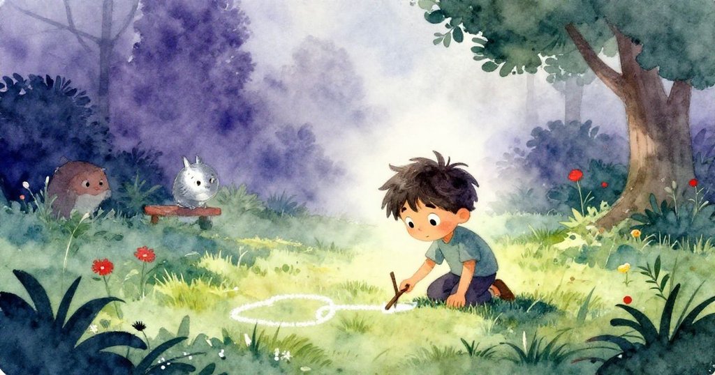 米洛在薄霧中跪在潮濕庭院,用短棍畫出粉筆線,滿臉好奇,晨光映襯下展現寧靜開始。