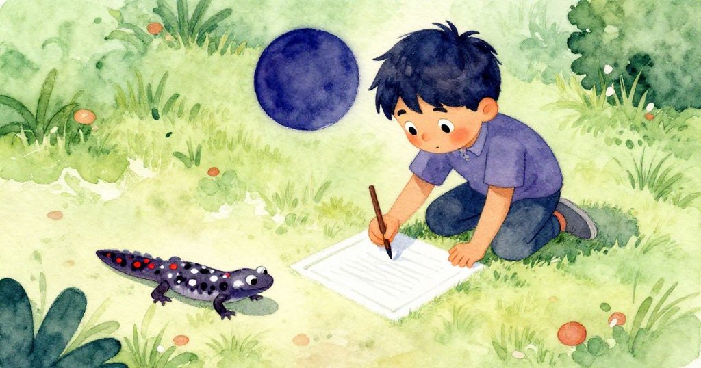 從高空視角看見米洛在庭院中畫粉筆方框,一隻小蝾螈滑入角落,充滿驚喜與童趣。