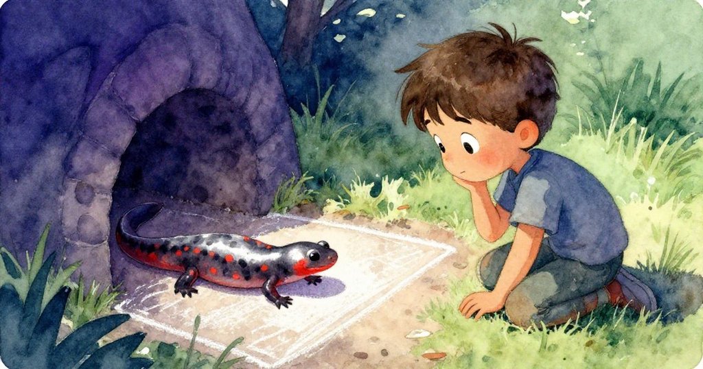 米洛注意到藏在粉筆方框一隅的小蝾螈,暫停動作注視牠,展現驚奇與溫柔關懷的情感。