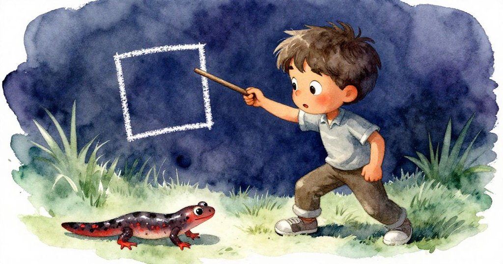 米洛面對意外打斷,舉起棍子努力完成粉筆方框,新蝾螈靜靜爬過邊緣,展現內心掙扎與決心。