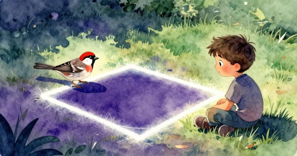 米洛靜坐欣賞陽光下發光的粉筆方框,樹雀輕跳影子間,故事迎來圓滿落幕與溫馨告別。