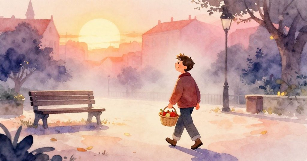Leo 穿著暖色外衣在晨霧籠罩的廣場上步行,手提蘋果籃,陽光輕灑,環境充滿溫馨與生氣。
