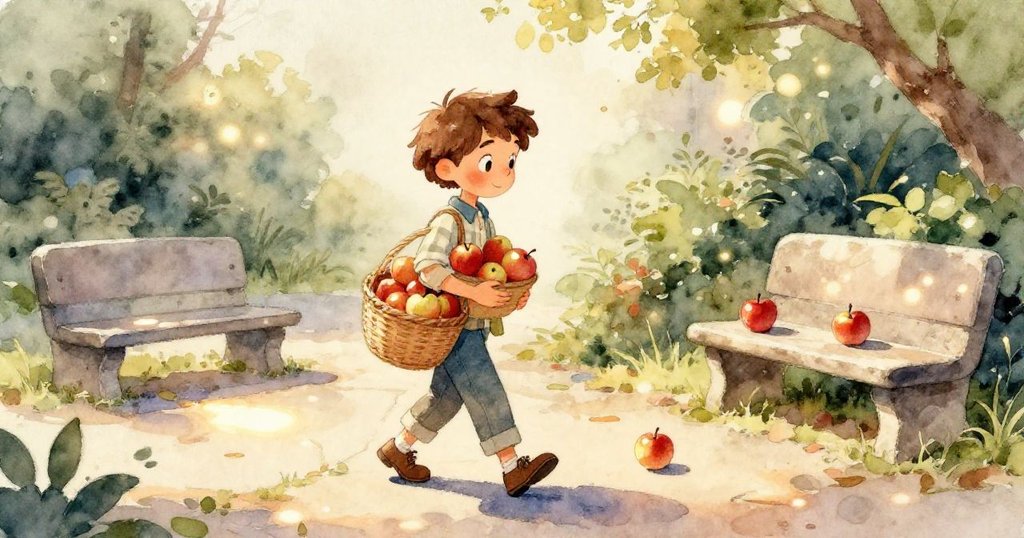 Leo 的手輕握木籃,籃中蘋果表皮光亮細膩,陽光側射突顯質感,畫面精緻溫暖。