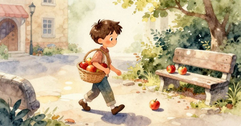 滾動的蘋果於光滑石磚上形成生動倒影,陽光灑亮畫面,環境細節豐富,呈現街角俏皮動感。