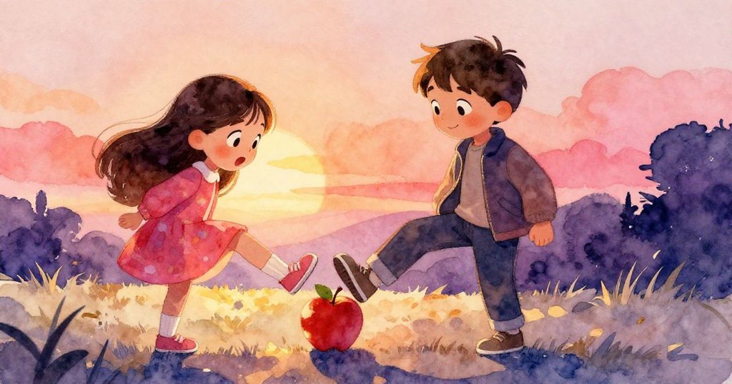 緊張瞬間,Mia 因蘋果輕碰鞋子露出驚訝表情,Leo 眉揚關注,場景充滿期待與溫暖情調。