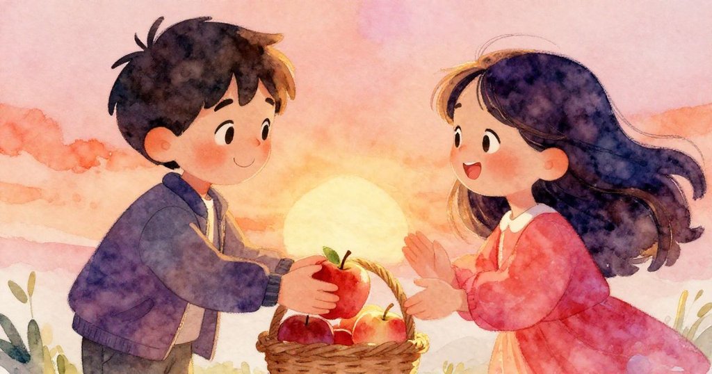 溫馨結局,Mia 輕放蘋果入籃,Leo 與之相視微笑,彼此情誼流露,環境充滿柔和陽光與暖意。