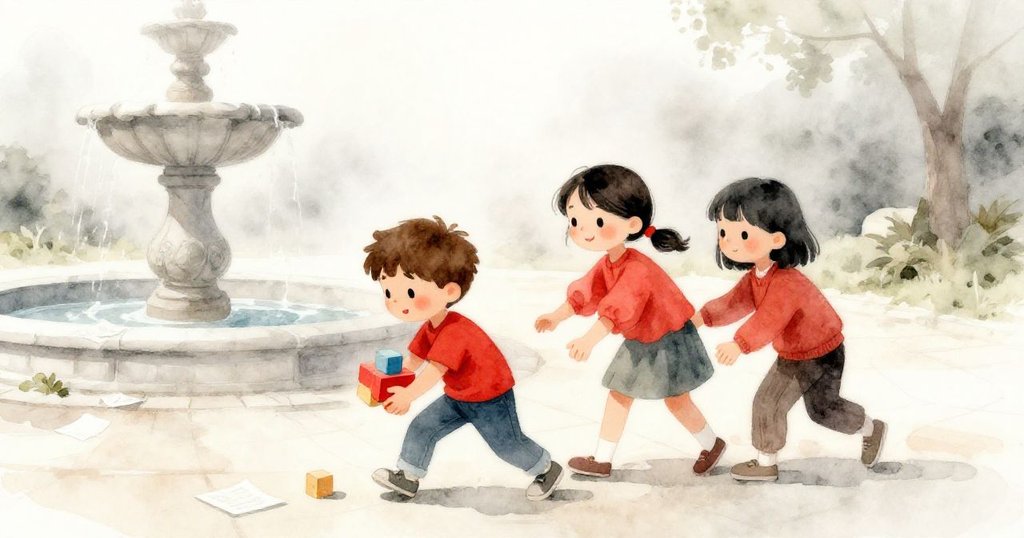 在柔和晨霧中，Leo攜帶木塊進入廣場，Ella和Maya陪伴，場景充滿溫暖陽光與愉快孩子。