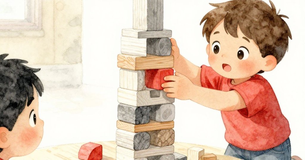 Leo專注地擺放木塊，雙手動作精細，搭建高塔，背景隱約見廣場陽光，表露出決心。