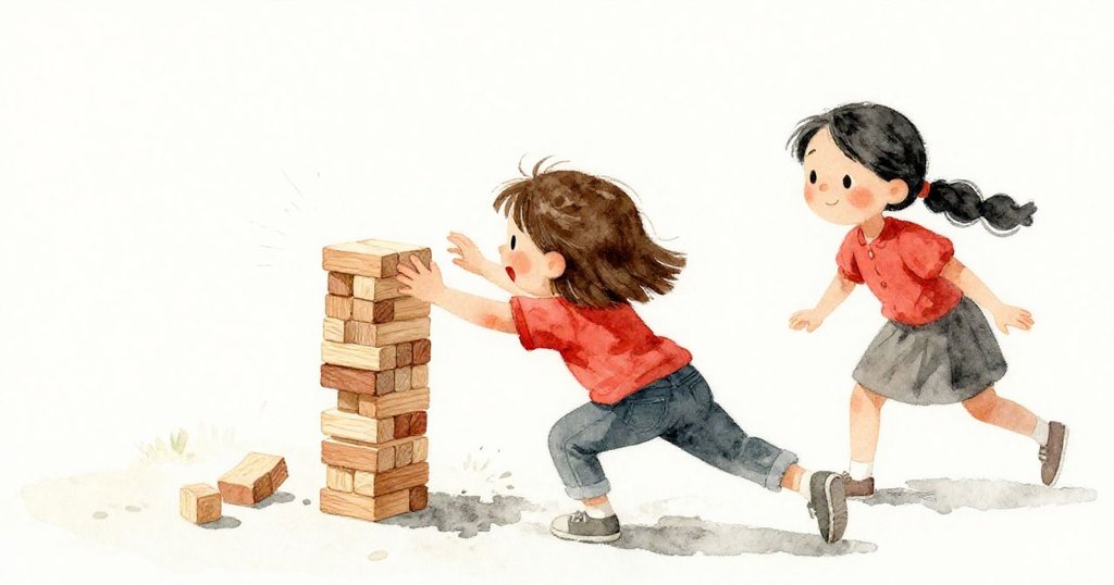 Ella從肩後視角急速伸手接住搖搖欲墜的積木塔，Leo在遠處神情關切，動作緊張。