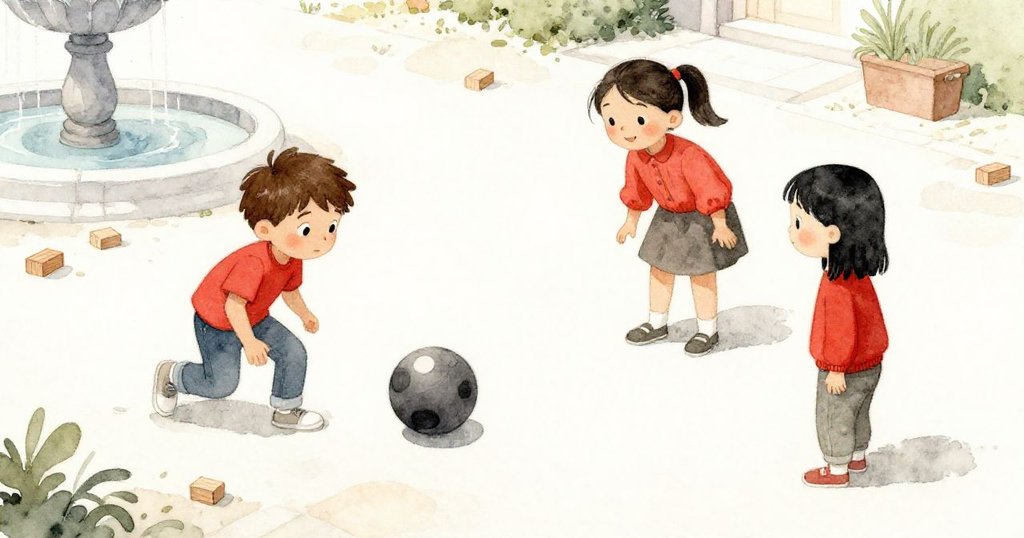 從高處俯視廣場，孩子們驚奇地看著滾動的球和散落的積木，背景中有噴泉與石板路。