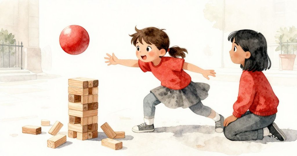 一顆球撞向積木塔，積木四散飛揚，Ella和Maya迅速反應支撐，Leo神情緊張，情緒急促。