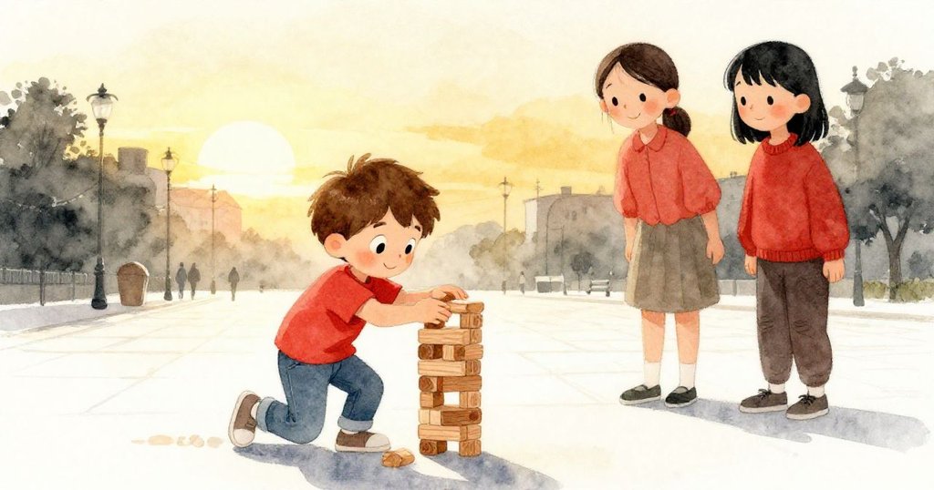 黃昏時分，Leo重建積木塔並輕拍頂塊，Ella與Maya陪伴，夕陽將廣場染成溫暖金色，結局充滿寧靜勝利。