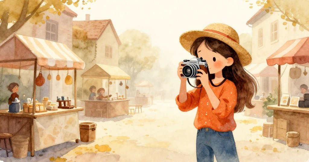 Mira在薄霧的城鎮廣場中準備相機，背景有木製攤位和柔和晨光，神情專注展現溫暖的早晨氛圍。