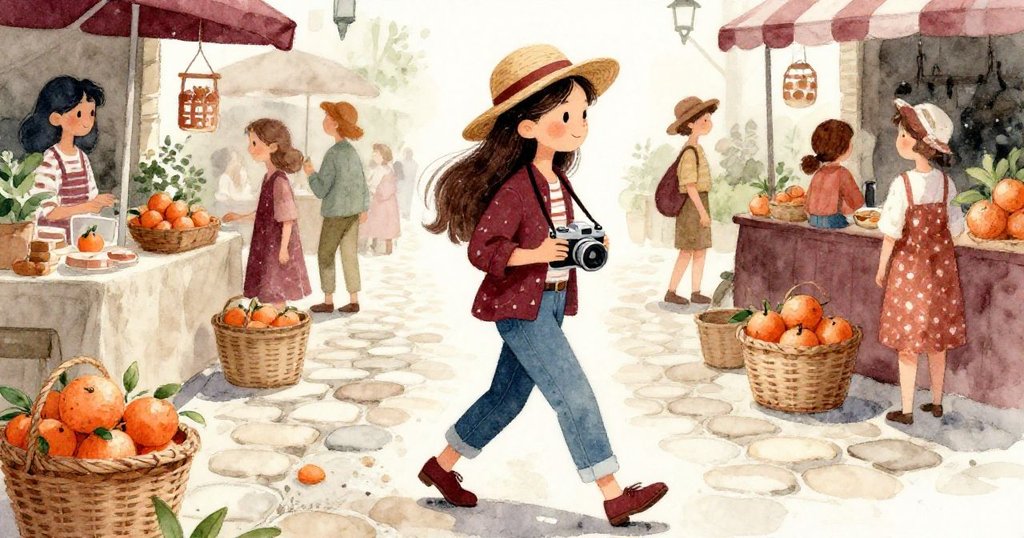 Mira在繁忙市集的石板路上行走，腳步堅定，周遭橙子籃和行人交織出動感溫馨氛圍。