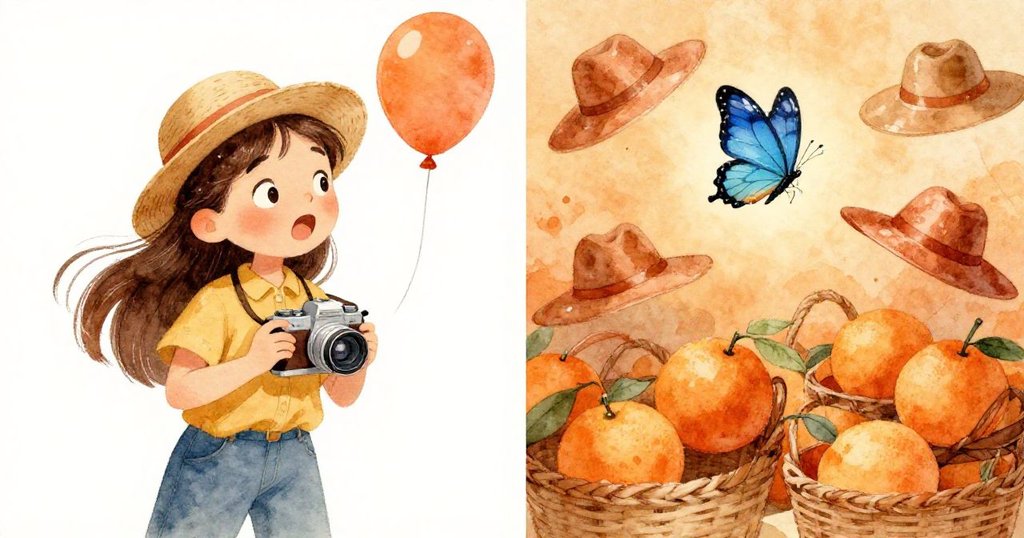 Mira在分屏畫面中一邊被孩童氣球觸碰肩膀相機輕搖，一邊追逐飛舞藍蝶，展現市場意外與趣味瞬間。