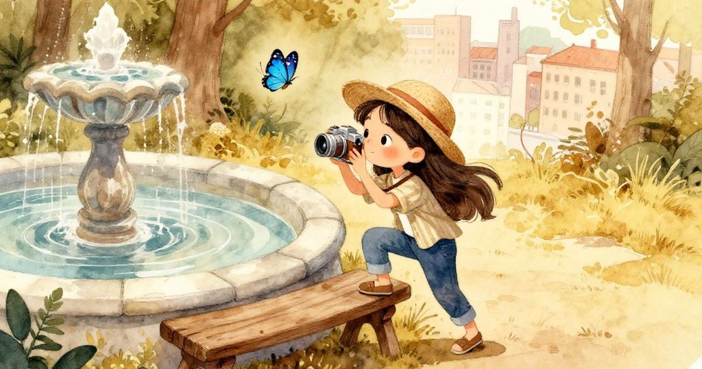 Mira小心爬上不穩長椅接近石水池，藍蝶在旁盤旋，眼中滿懷期待，呈現古典市集美感。