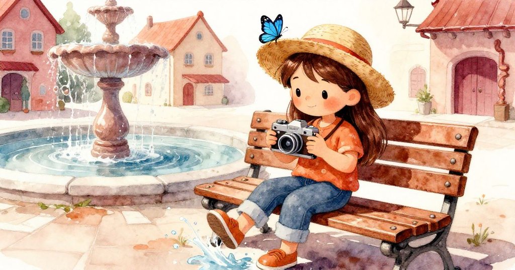 Mira穩住搖晃長椅，水花濺濕鞋上，臉上驚喜神情現藍蝶落草帽邊，展現堅定與感動瞬間。