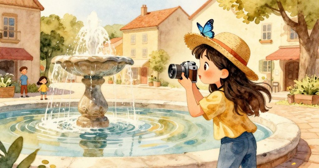Mira舉相機按快門，水面映出藍蝶與草帽倒影，廣場逐漸平靜，展現希望與寧靜的美好結局。