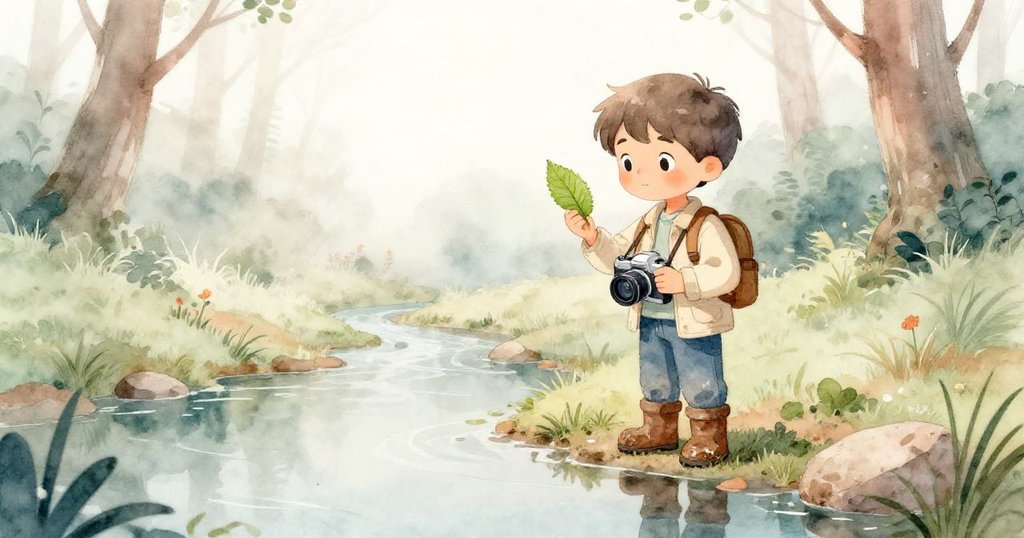 馬特奧站在樹林中溪邊，透過水面反射看向明亮綠葉上的昆蟲，面露好奇與驚喜，背景呈現柔和晨光與蒼翠環境