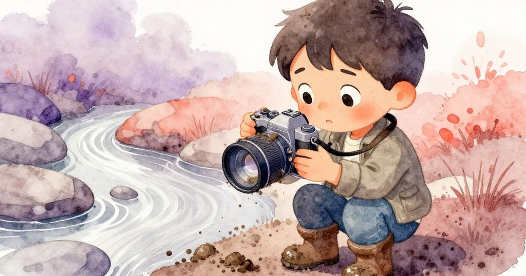 馬特奧用泥濘的手輕輕擦拭相機鏡頭，臉上顯露驚訝與堅定情緒，背景隱約呈現溪邊不穩的岩石