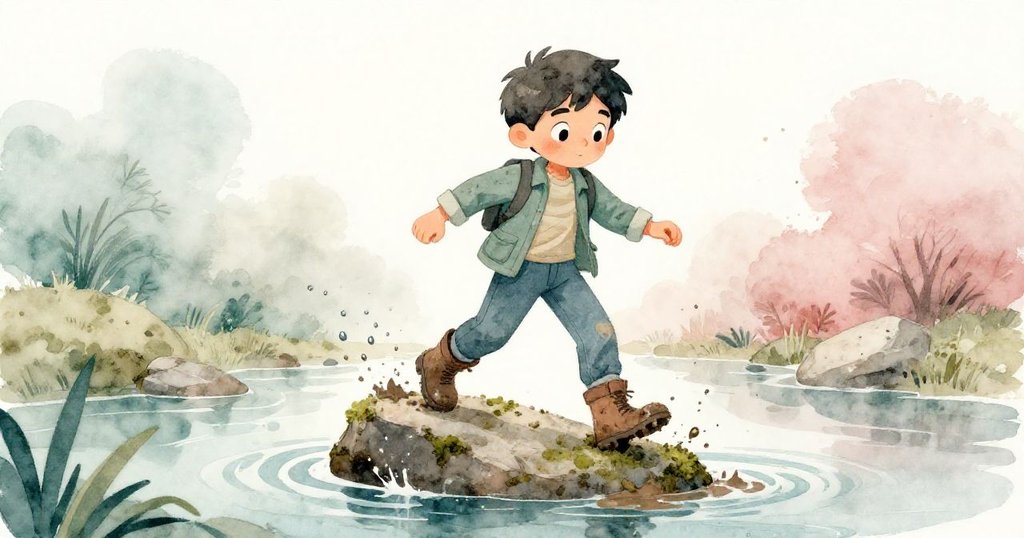 馬特奧小心翼翼踩在青苔覆蓋的傾斜石頭上，靴子沾滿泥土、冷水從靴中滴落，臉上流露出謹慎專注的神情