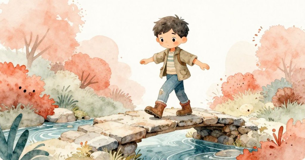 馬特奧在不規則排列的石頭橋上小心平衡，水流在石塊下神秘旋轉，背景呈現柔和桃色與青藍色調的奇幻森林