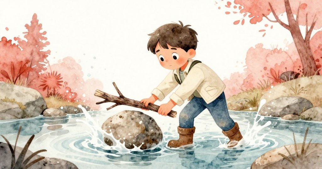 馬特奧運用折斷的樹枝穩固傾斜的石頭，水花四濺中展現出專注與果敢的動作，場景生動而充滿活力