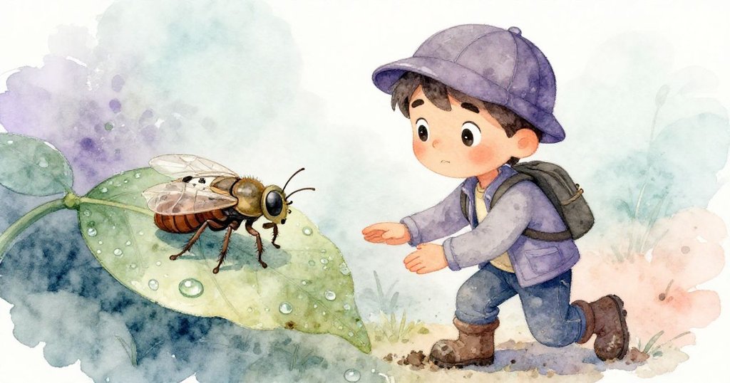 馬特奧以滿足溫柔的神情拍攝停留在露珠綻放綠葉上的微型機械昆蟲，背景呈現靜謐的溪邊氛圍，寓意告別