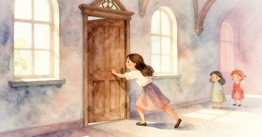 克拉拉在清晨九點後推開古舊圖書館門，光線溫暖、角度傾斜，表情堅定中帶點期待與緊張。