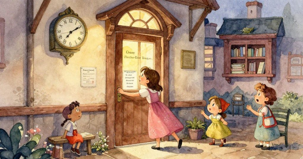 從近景視角看見克拉拉的手拉下厚重參考書，打開書頁展現古老地圖和閃亮小昆蟲，細膩生動。