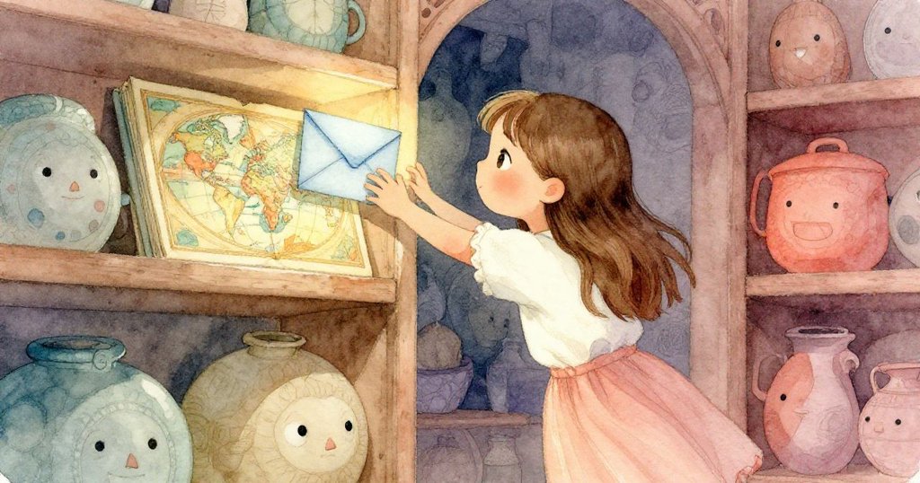 克拉拉依箭頭指引於書架隱秘角落攀爬，發現並伸手取出夾於舊地圖旁的藍色信封，表情充滿驚喜。