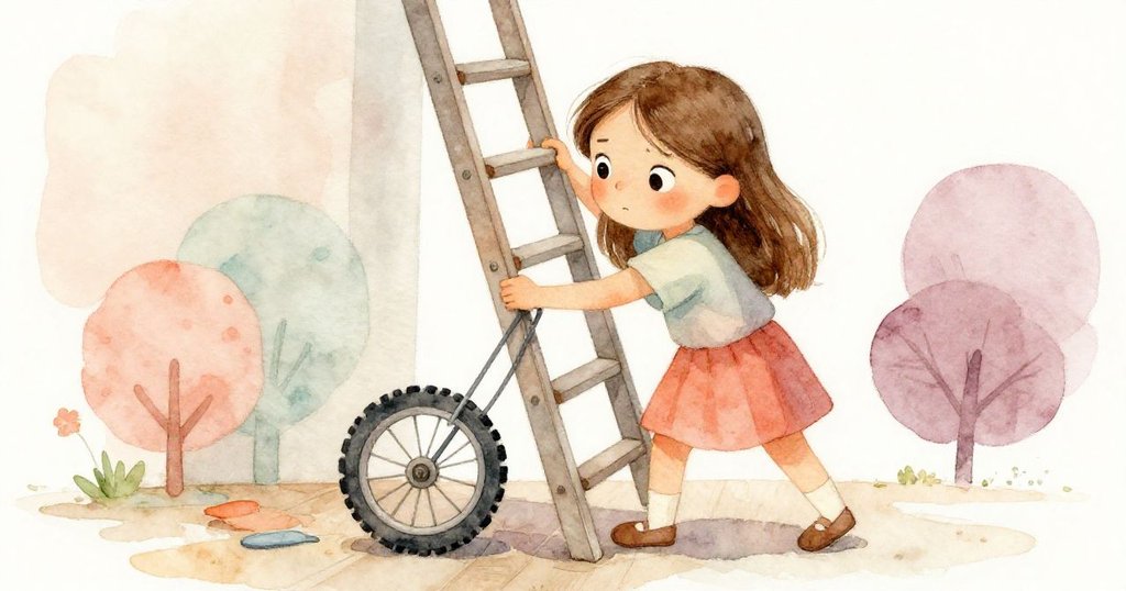 克拉拉面露緊張努力推動搖晃的梯子，輪子卡於不平地面，她全神貫注調整動作，氣氛緊繃。