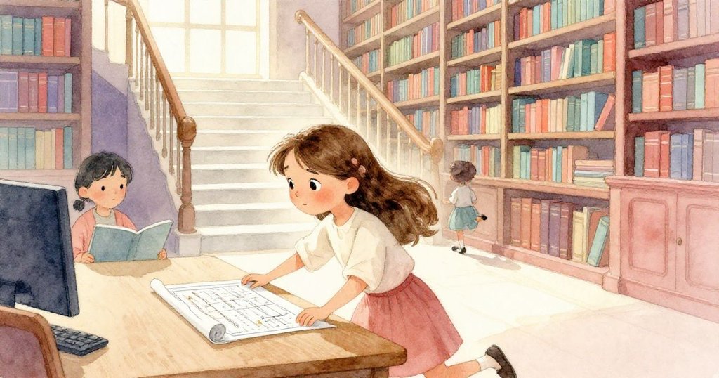 正午鐘聲響起，克拉拉急下圖書館階梯，將展開藍圖放在明亮委員會桌上，充滿完成任務後的滿足與希望。