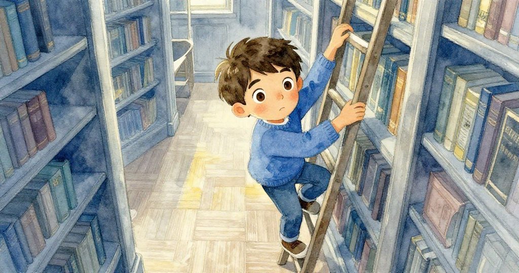 從低角度視角看見米爾斯攀爬狹窄梯子,背後高聳書架及木質地板,充滿堅定與小心平衡感。