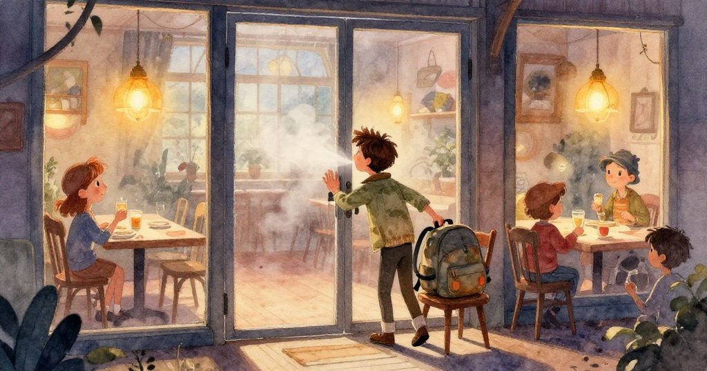 圖書館角落中教科書滑落撞擊地面,卷起一張帶有手寫筆記的舊試卷,場景靜謐且充滿意外驚喜。