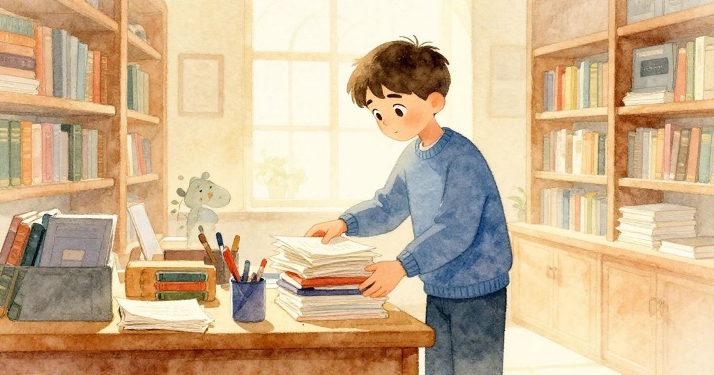 米爾斯在晨光中整理書籍堆疊,臉上流露滿足與反思,圖書館內部靜謐氛圍中結束了一段安靜冒險。