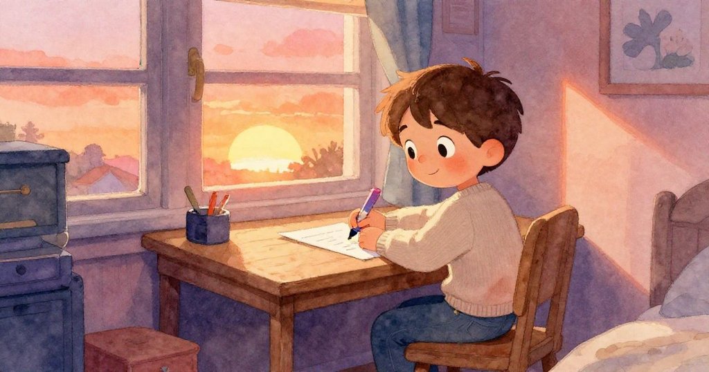 小亞歷克斯坐在溫暖的房間內書桌前，靜靜握著螢光筆，白紙前充滿期待與柔和光線，情緒平靜準備創作。