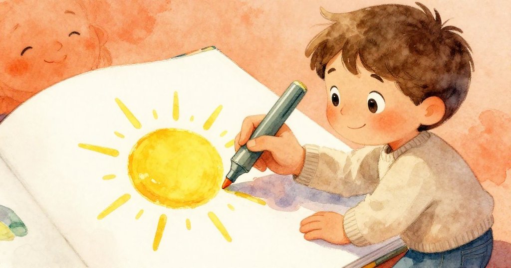 小亞歷克斯聚精會神地用螢光筆在白紙上畫出明亮的黃色太陽，仔細描繪細節，手部與繪畫動作充滿活力。